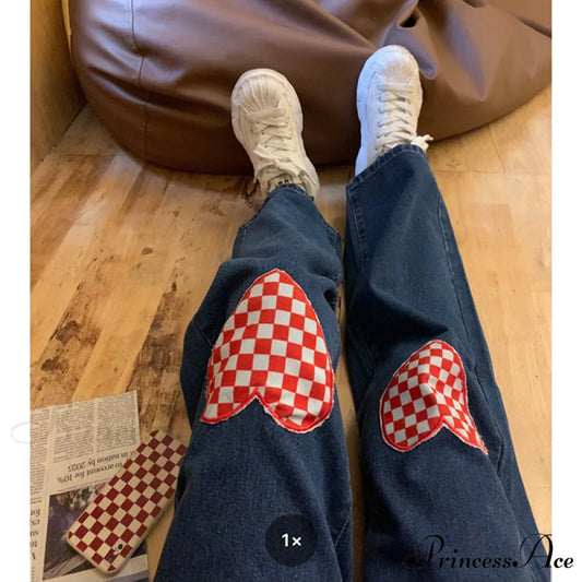 Cute Red Heart Print Pencil Jeans