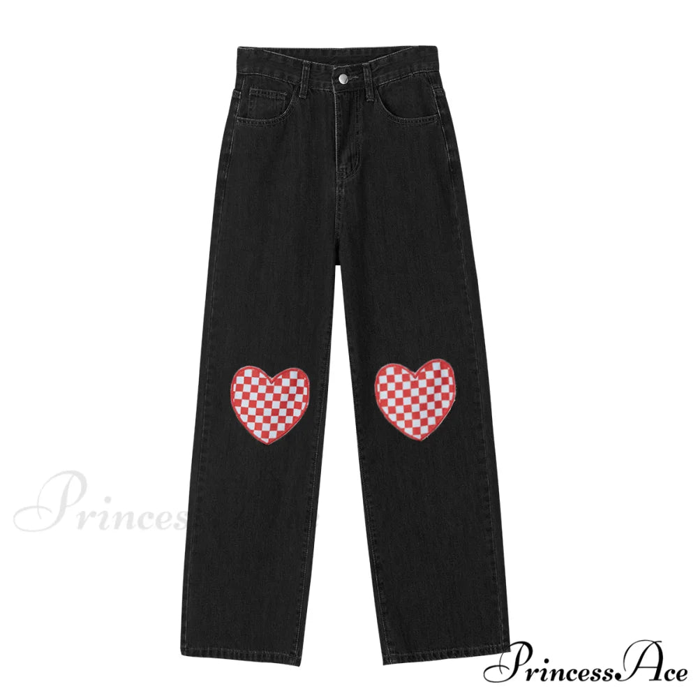 Cute Red Heart Print Pencil Jeans Black / S