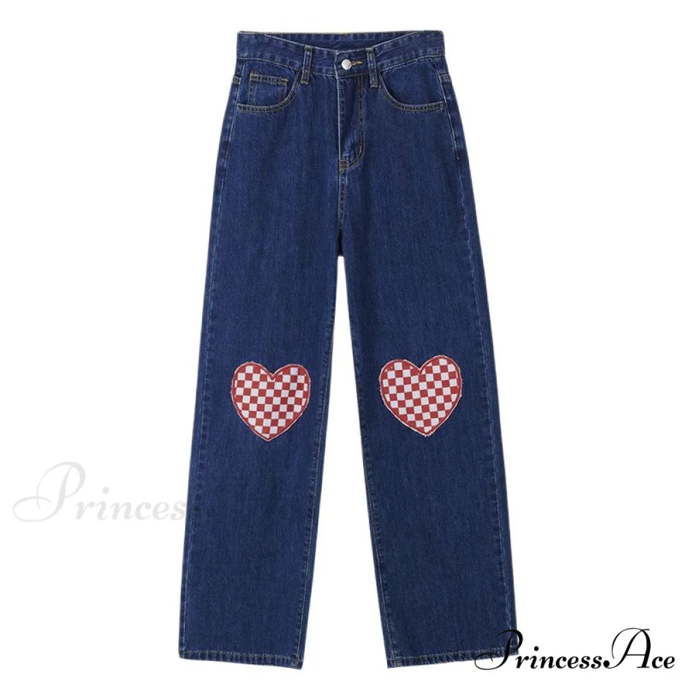 Cute Red Heart Print Pencil Jeans Blue / S