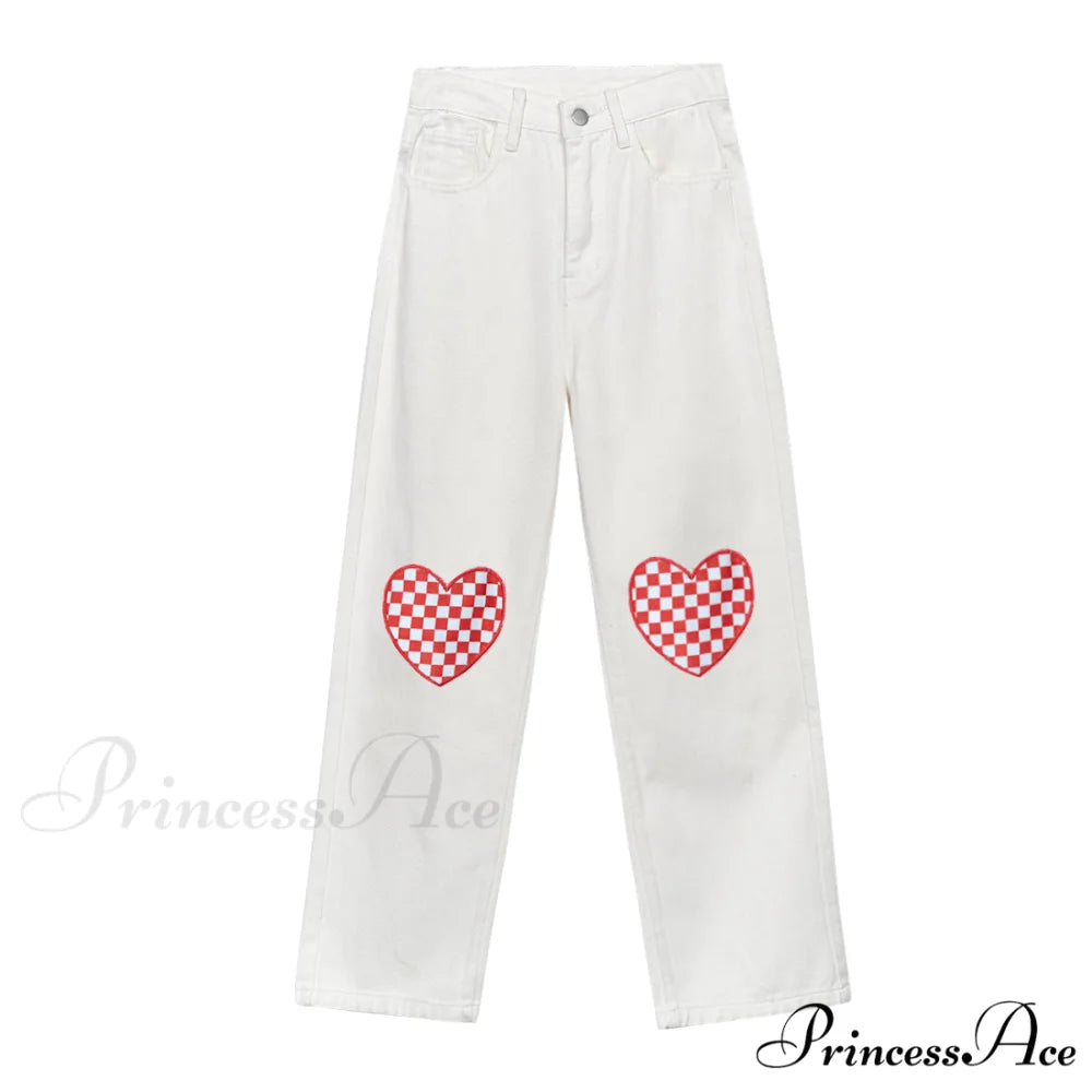 Cute Red Heart Print Pencil Jeans White / S