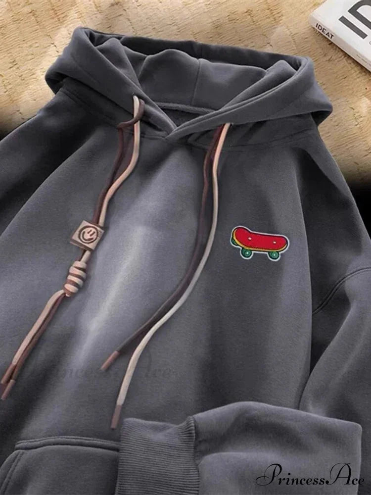 Cute Skateboard Graphic Cotton Fleece Hoodie Dark Grey / M(40-45KG) hoodies-241228