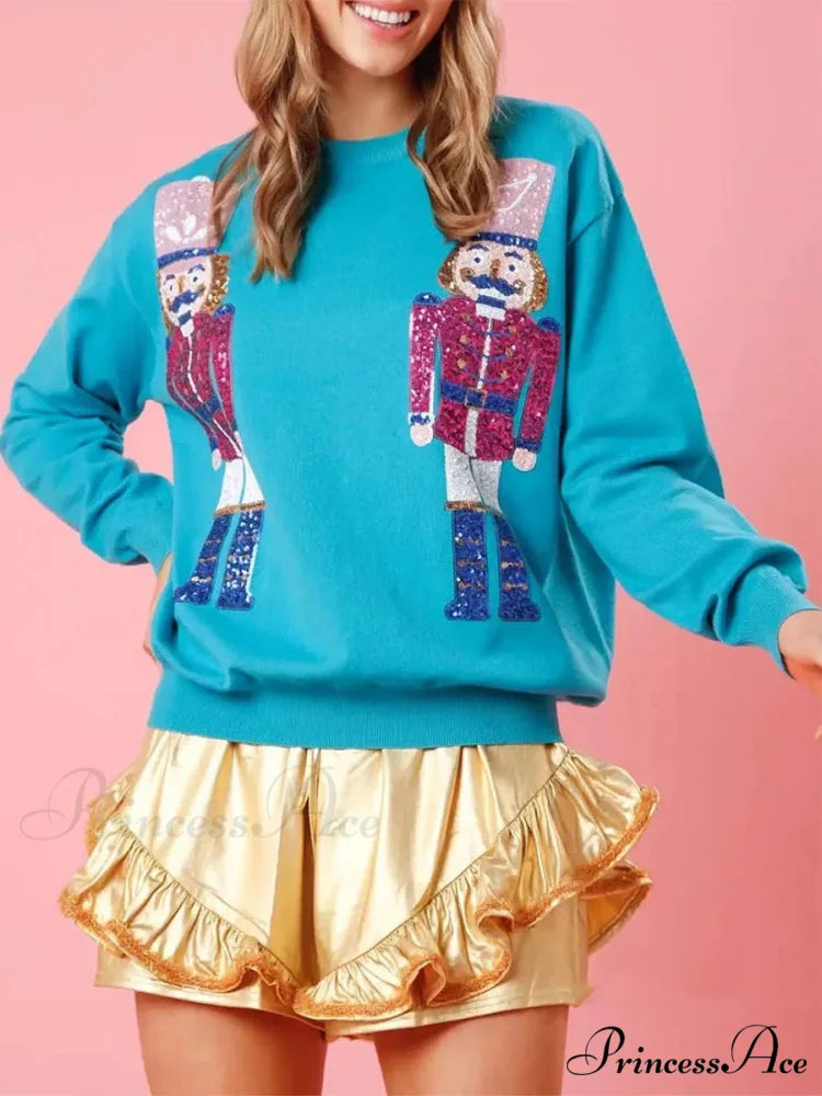 Cute Ugly Sequin Graphic Nutcracker Holiday Christmas Hoodie Blue / S Christmas Hoodies-L