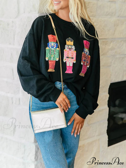 Cute Ugly Sequin Graphic Nutcracker Holiday Christmas Hoodie Christmas Hoodies-L