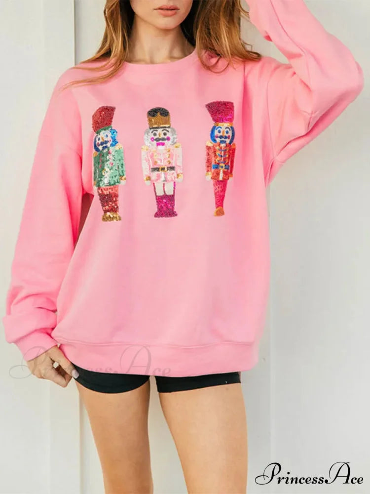 Cute Ugly Sequin Graphic Nutcracker Holiday Christmas Hoodie Pink / S Christmas Hoodies-L