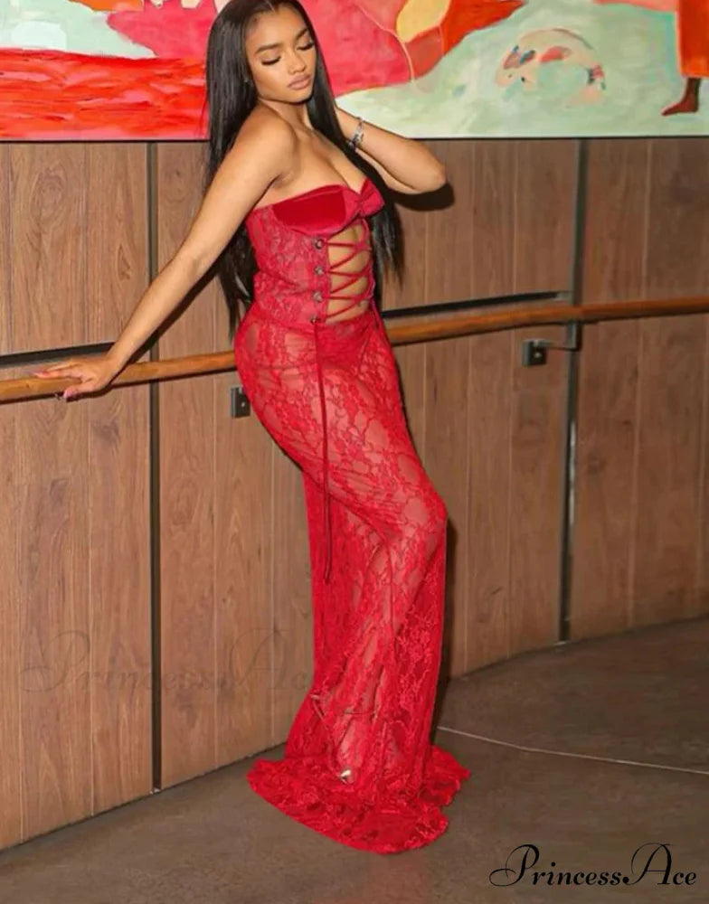 Cutenew Lace Patchwork Maxi Party Dress Red / S