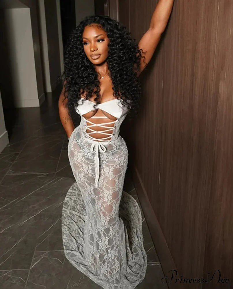 Cutenew Lace Patchwork Maxi Party Dress WHITE / S