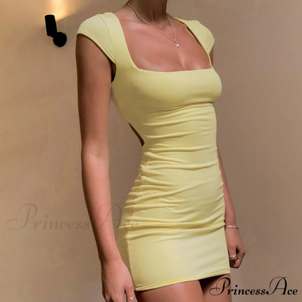 Cutout Back Short Sleeve Square Classic Neck Bodycon Mini Dress - Black L / Yellow