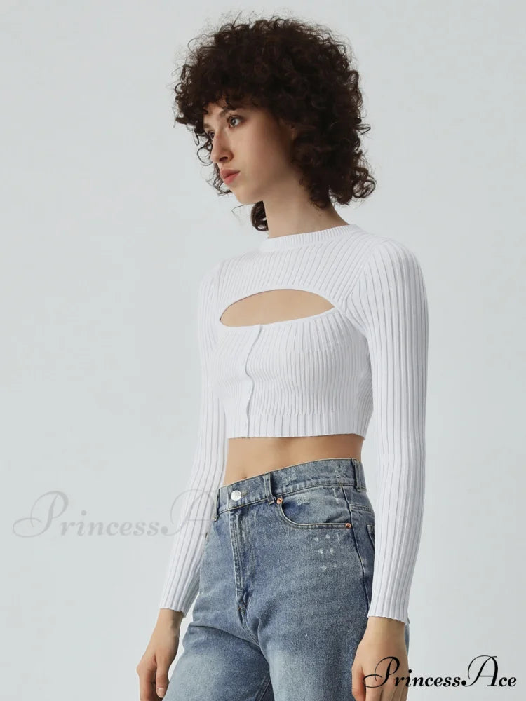 Cutout Button Up Long Modern Sleeve Crop Knit Top