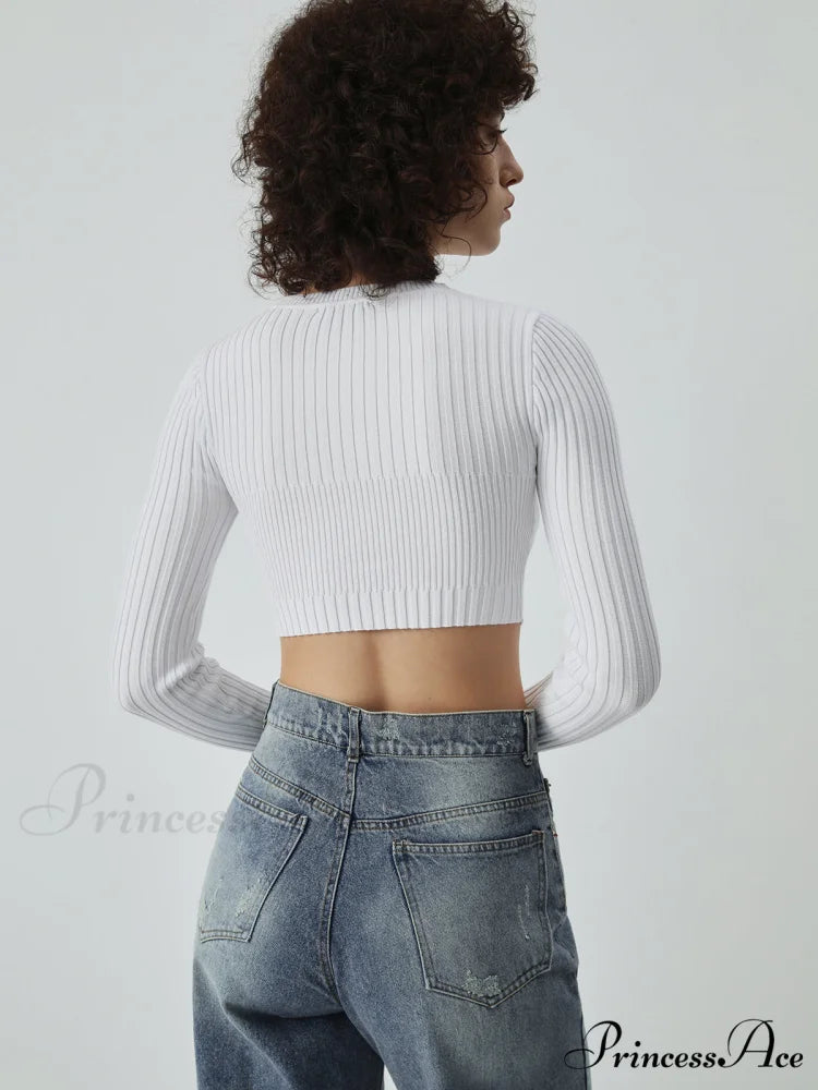 Cutout Button Up Long Modern Sleeve Crop Knit Top