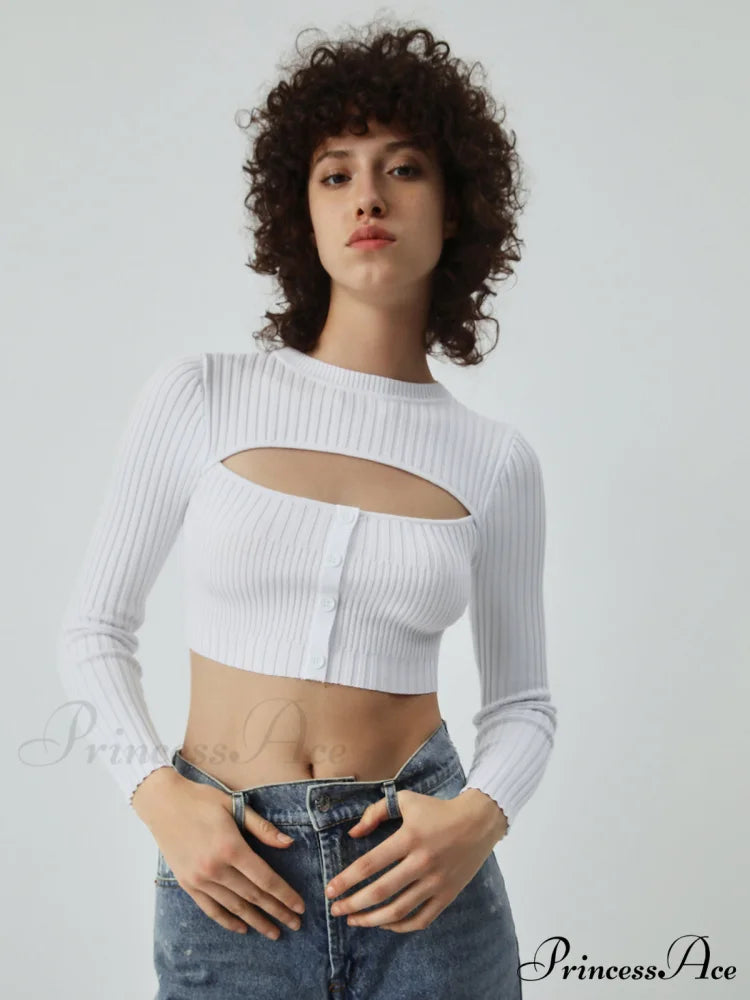 Cutout Button Up Long Modern Sleeve Crop Knit Top White / S