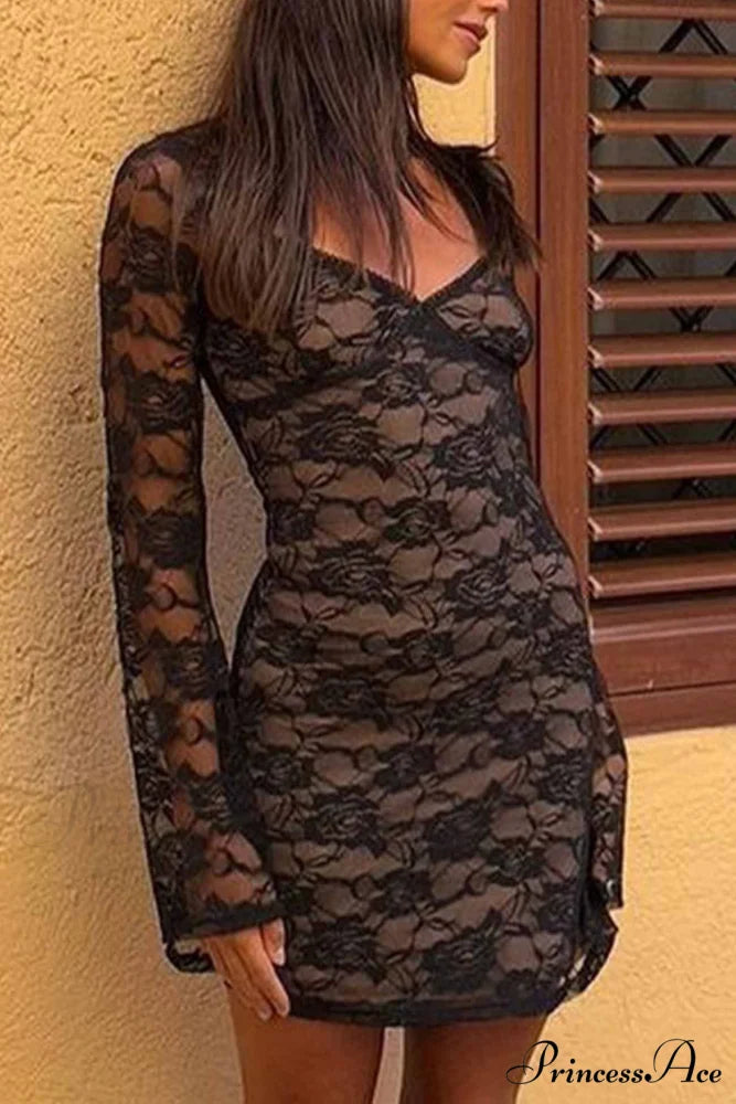 Cutout Lace Long Sleeve Mini Dress