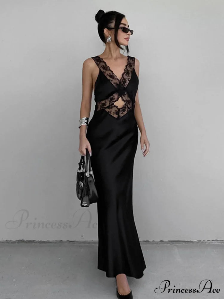 Cutout Lace Trim Trendy Stain Long Dress