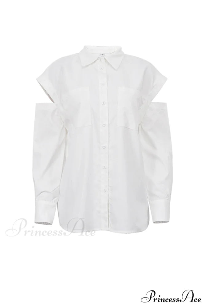 Cutout Long Tops Blouse White with Sleeves