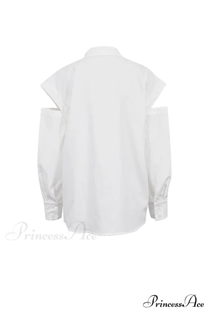 Cutout Long Tops Blouse White with Sleeves