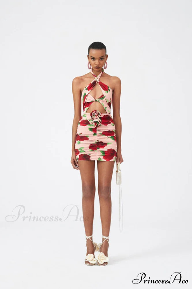 Cutout Ruched Floral Charming Jersey Mini Dress