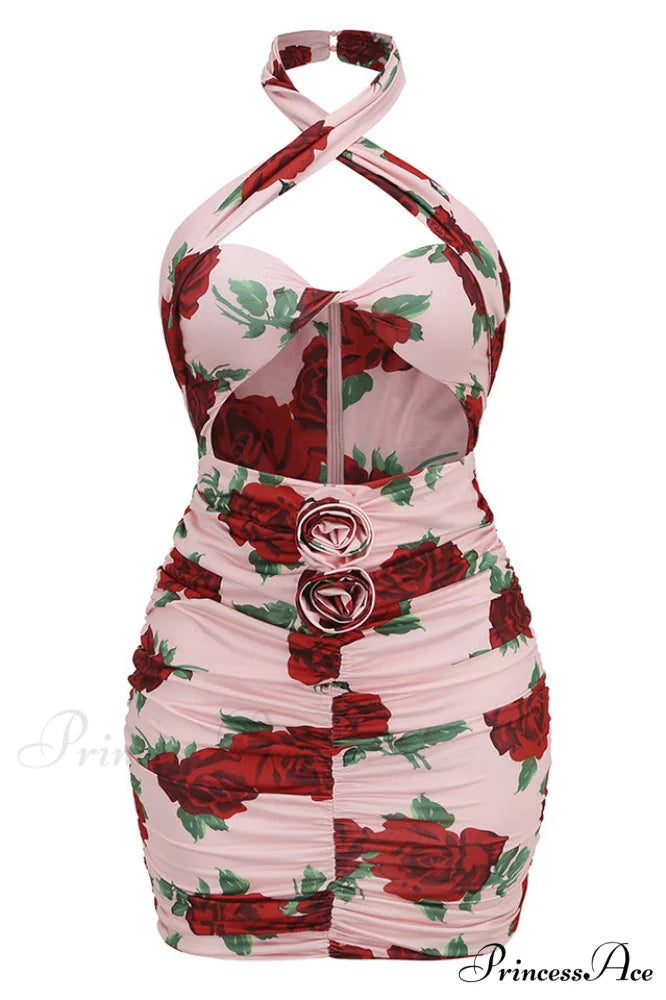 Cutout Ruched Floral Charming Jersey Mini Dress