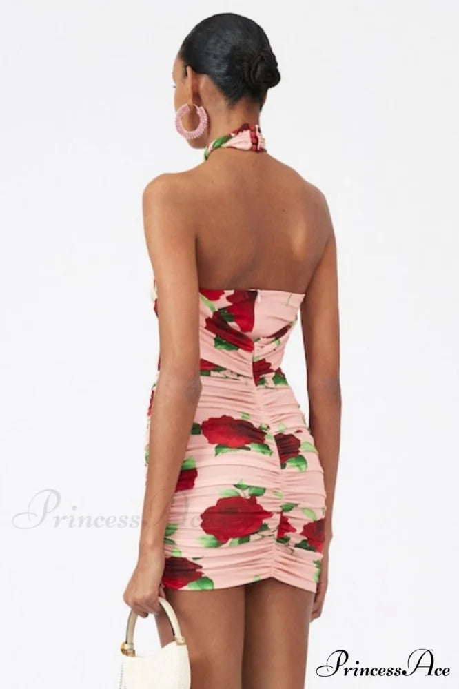 Cutout Ruched Floral Charming Jersey Mini Dress