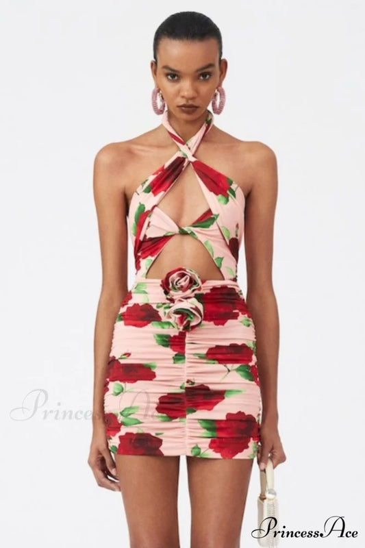 Cutout Ruched Floral Charming Jersey Mini Dress S / Rose Print
