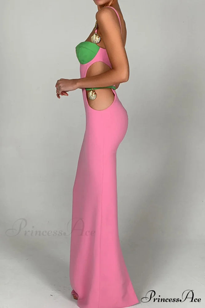 Cutout Slit Back Cami Dress with Contrast Detail Pink / L
