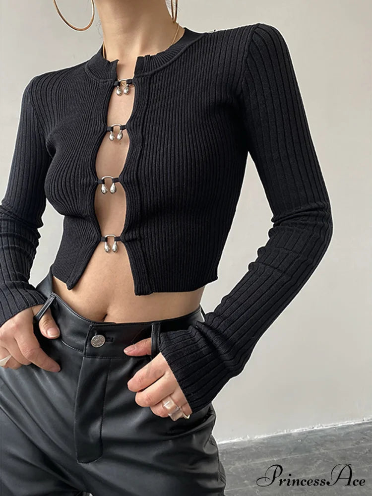 Cutout Split Beads Trendy Detail Ribbed Knit Top Black / XS