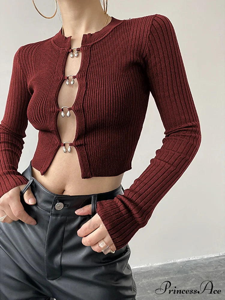 Cutout Split Beads Trendy Detail Ribbed Knit Top Burgundy / XS