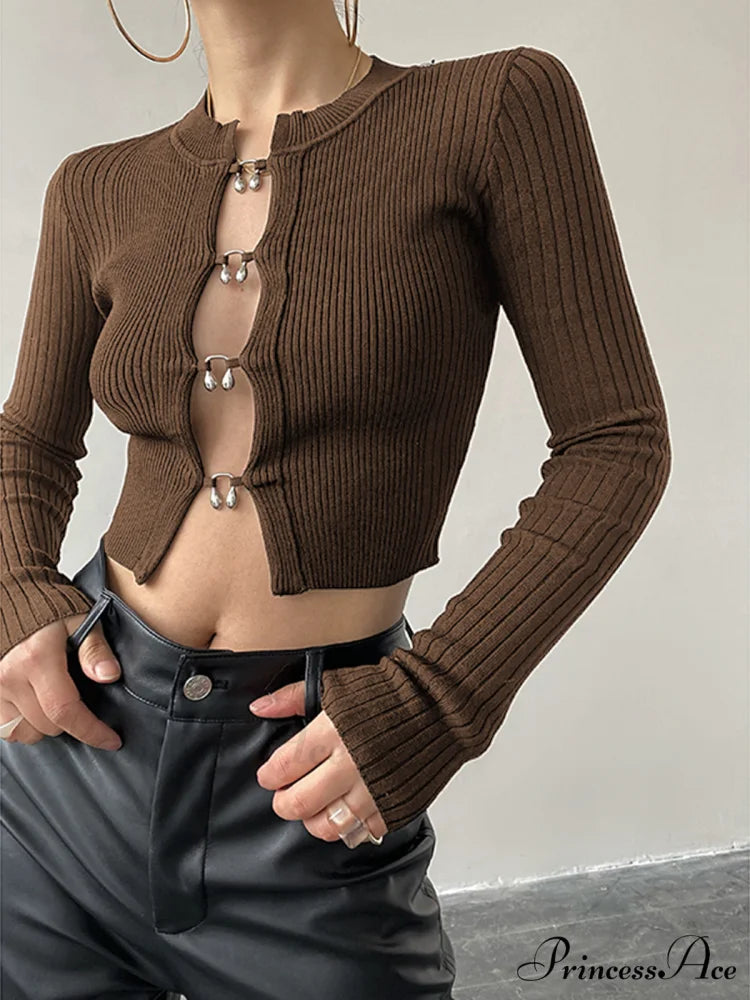 Cutout Split Beads Trendy Detail Ribbed Knit Top Dark Brown / XS