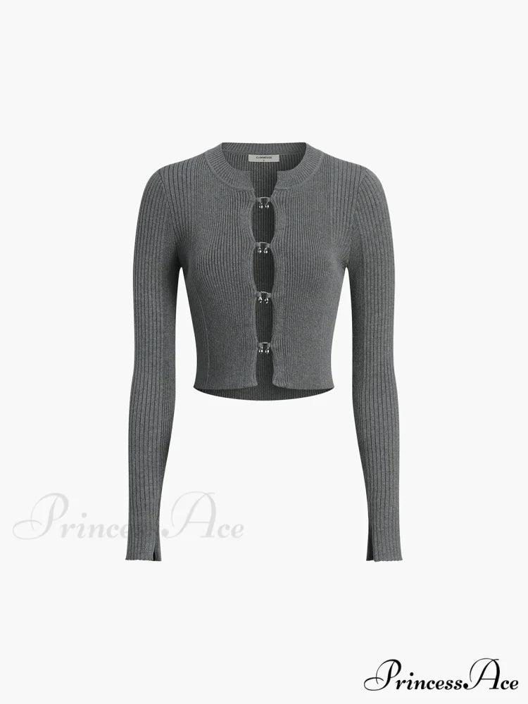 Cutout Split Beads Trendy Detail Ribbed Knit Top Grey / XS