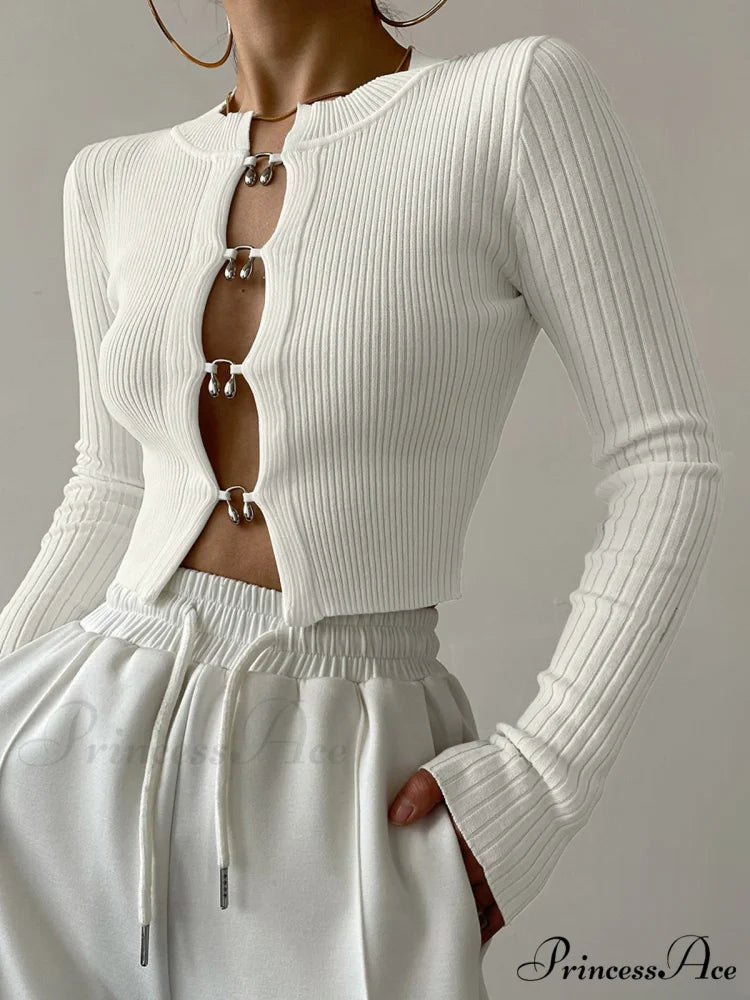 Cutout Split Beads Trendy Detail Ribbed Knit Top White / XS
