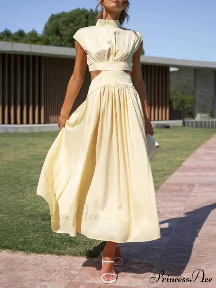 Cutout Waist Pocketed Charming Vacation Midi Dress