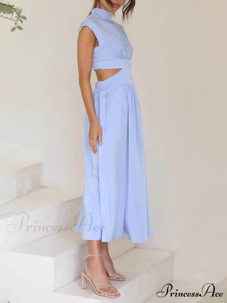 Cutout Waist Pocketed Charming Vacation Midi Dress