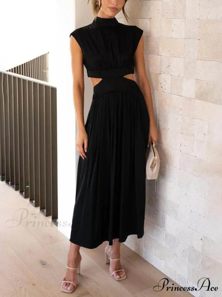 Cutout Waist Pocketed Charming Vacation Midi Dress