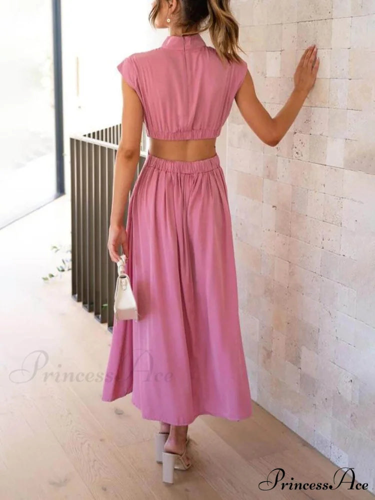 Cutout Waist Pocketed Charming Vacation Midi Dress