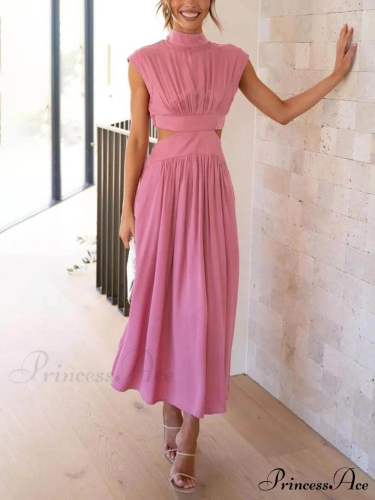 Cutout Waist Pocketed Charming Vacation Midi Dress