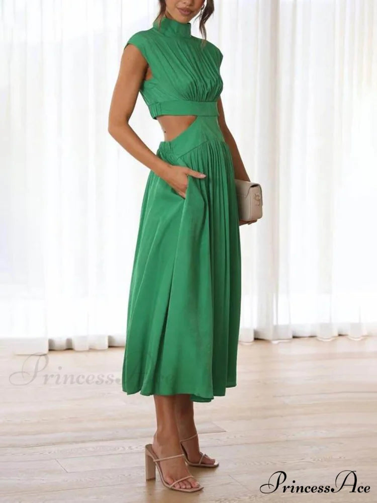 Cutout Waist Pocketed Charming Vacation Midi Dress