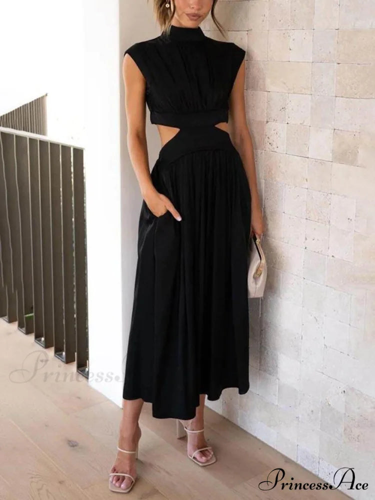 Cutout Waist Pocketed Charming Vacation Midi Dress Black / S