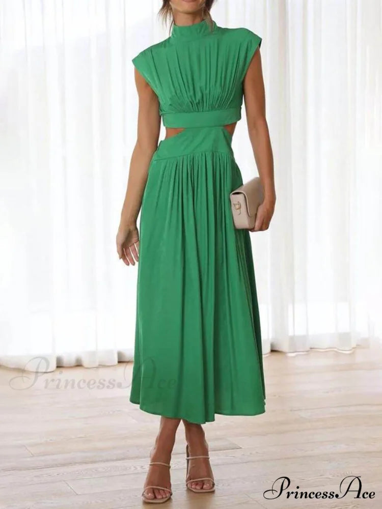 Cutout Waist Pocketed Charming Vacation Midi Dress Green / S