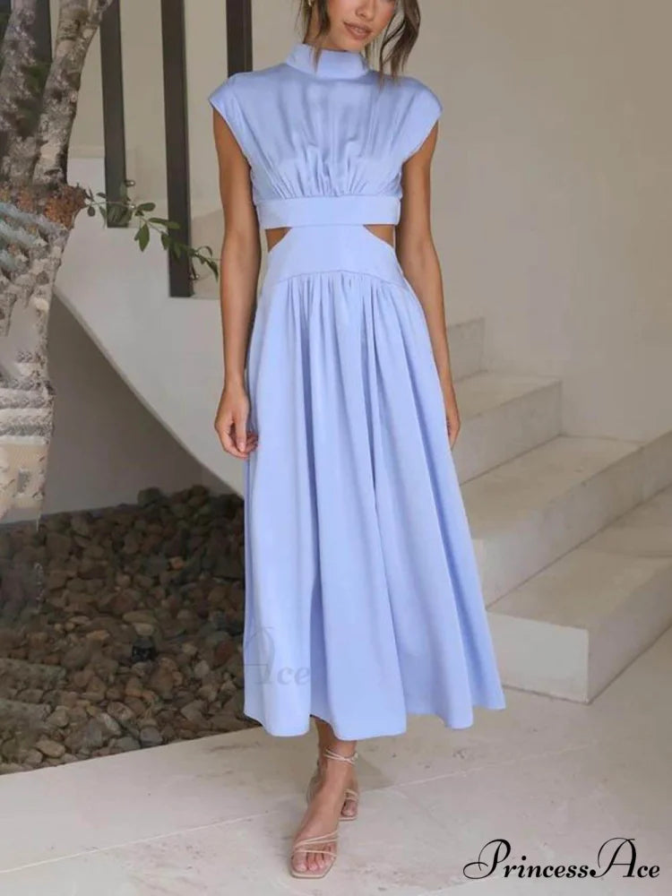 Cutout Waist Pocketed Charming Vacation Midi Dress Light Blue / S
