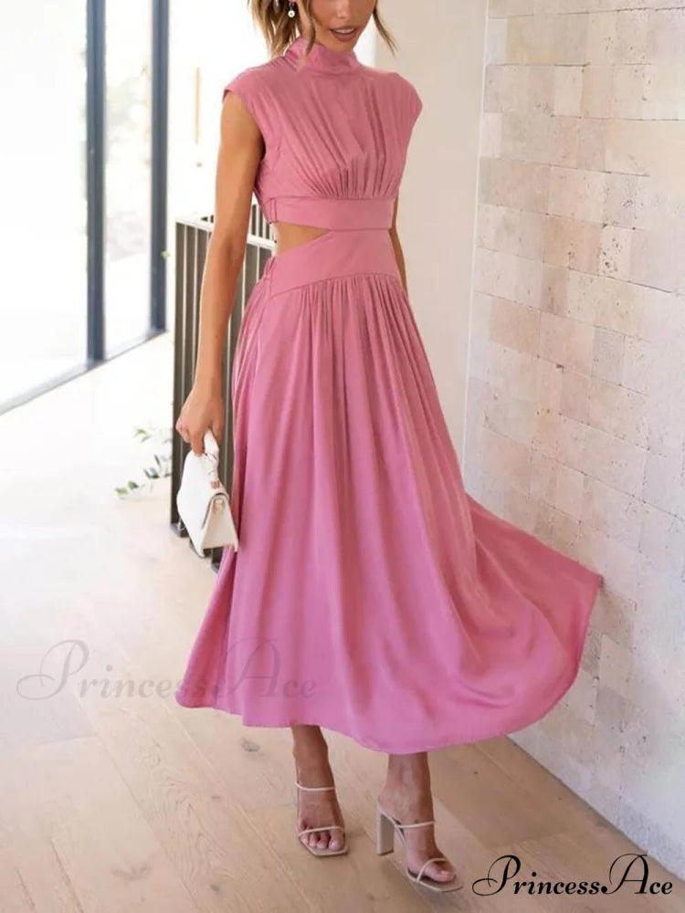 Cutout Waist Pocketed Charming Vacation Midi Dress Pink / S