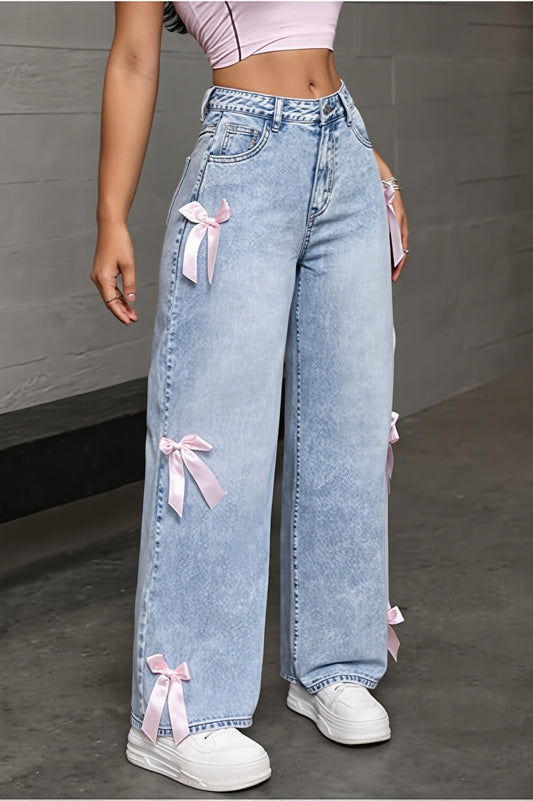 Bow Patch Washed Loose Straight Jeans