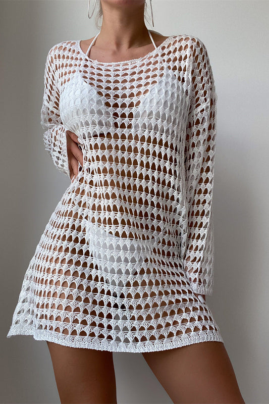 Hollow Knit Long Sleeve Bikini Cover Up