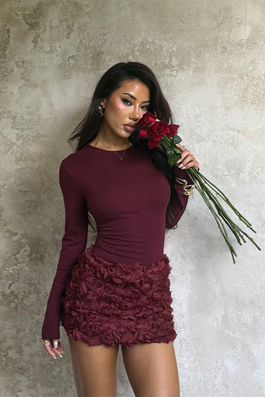 3D Floral Panel Long Sleeve Bodycon Mini Dress