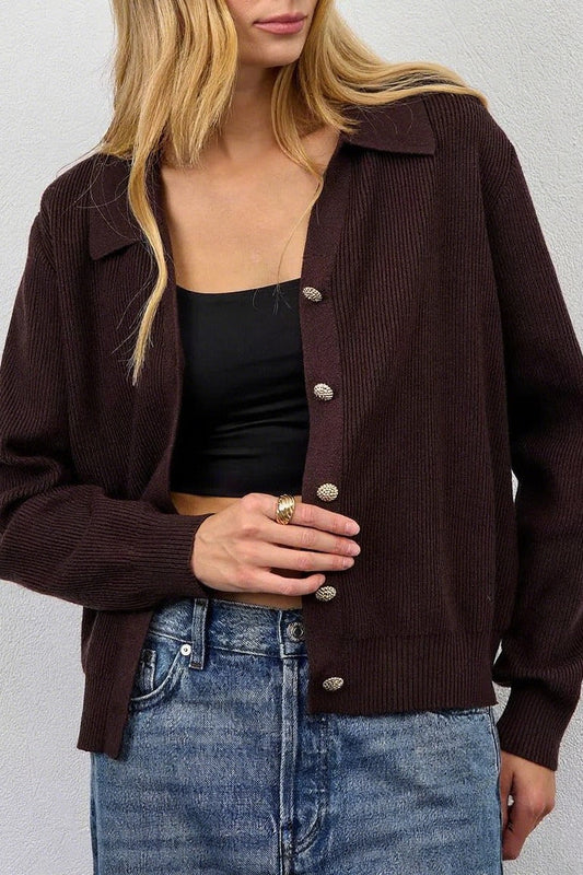 Solid V Neck Button Down Cardigan