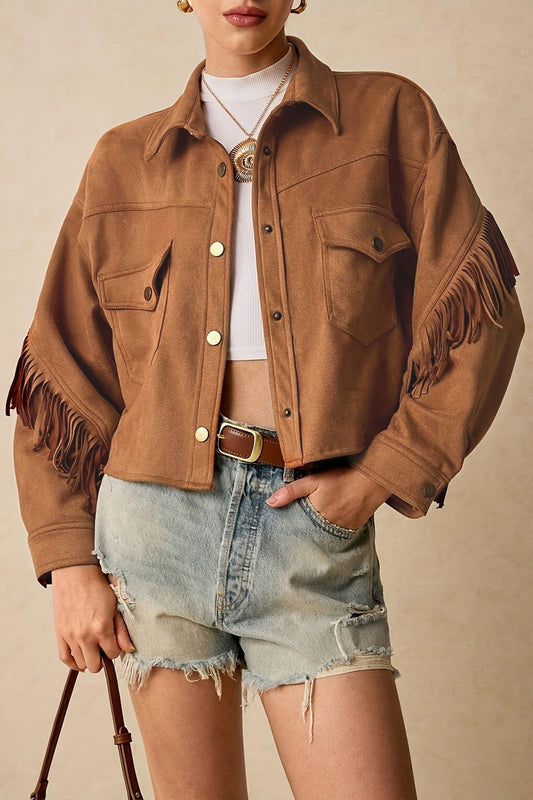Solid Color Fringe Trim Jacket