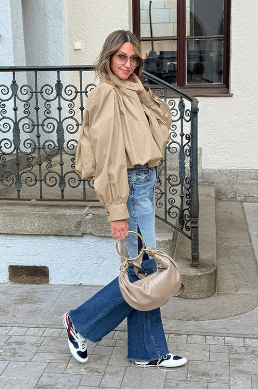 Loose Fit Khaki Puff Sleeve Jacket