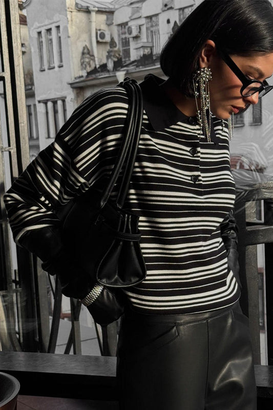 Color-block Stripe Fitted Polo Knit Blouse