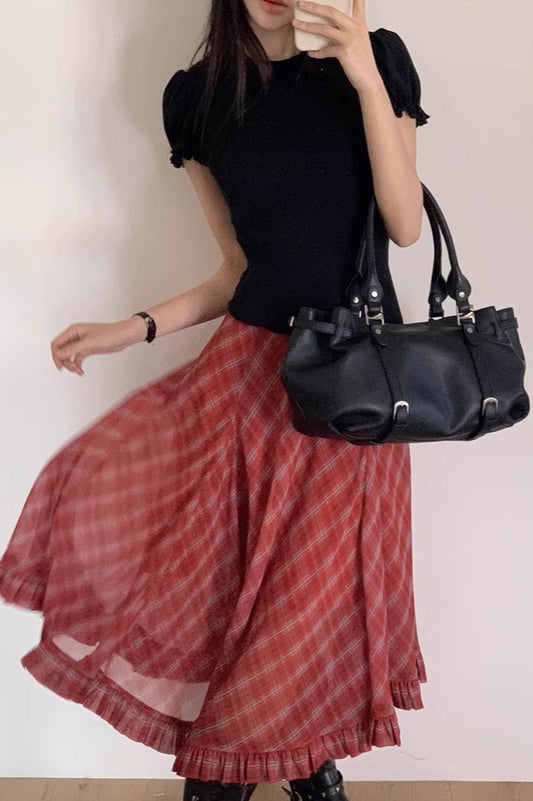 Vintage Two-Tone Plaid Asymmetrical Skirt