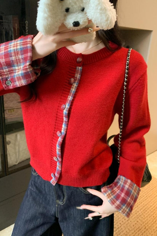 Red Plaid Contrast Round Neck Christmas Cardigan