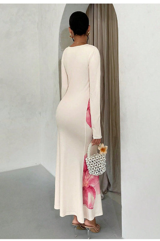 Chic Floral Print Bodycon Long Sleeve Maxi Dress