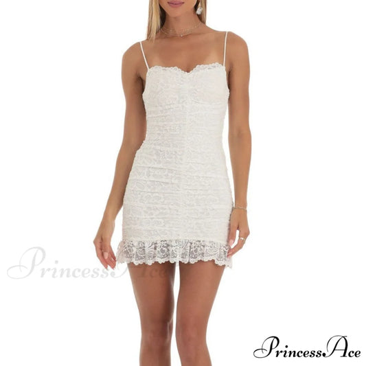 Dainty Lace Ruched Charming Mesh Mini Dress WHITE / S