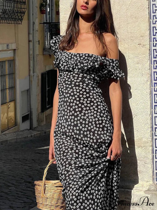 Daisy Floral Graceful Print Long Dress Black / XS